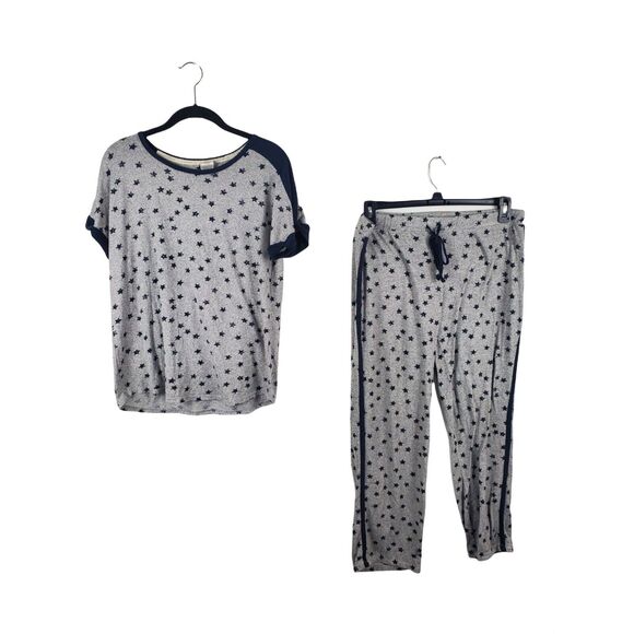 Lucky Brand Pajama Set Large Grey Star Print Grey Blue Cap Sleeve 2 Piece Set Sl - Picture 4 of 8